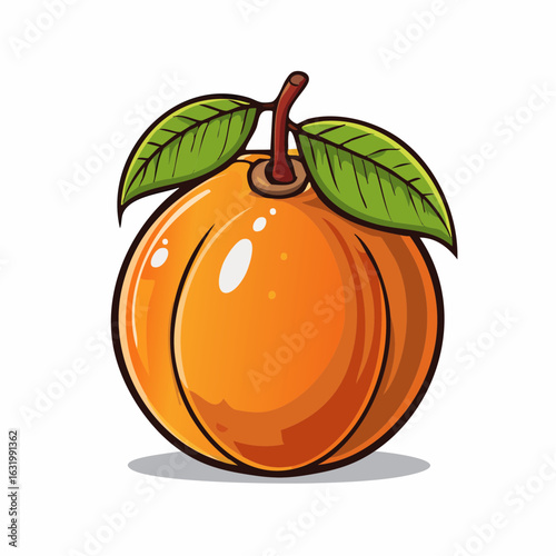 Vibrant orange fruit illustration with lush green leaves and a distinctive stem