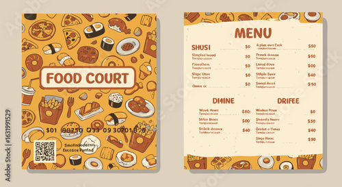 Creative food court menu flyer brochure template. Hand-drawn vector illustration with a pattern of various fast food dishes.