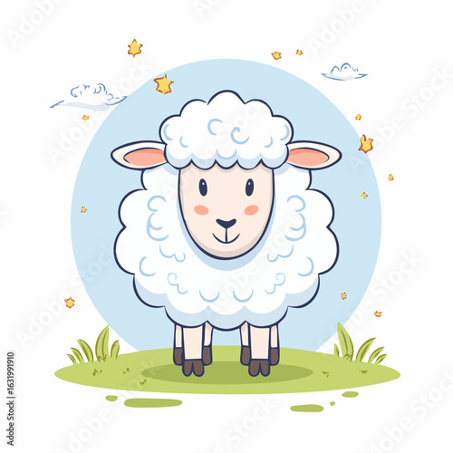 Cute Cartoon Sheep Illustration with Clouds and Stars on a Pastel Background design