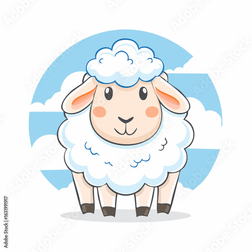 Charming Cartoon Sheep Illustration with Fluffy Wool and Sky Background Artwork