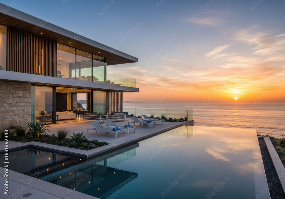 Fototapeta premium Luxury villa overlooking ocean at sunset with infinity pool