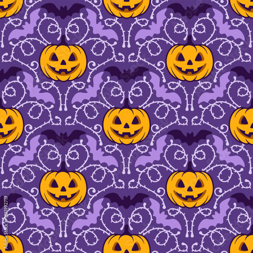 Halloween Jack o Lantern Bat Seamless Pattern Background