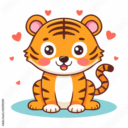 Adorable Cartoon Tiger Cub Surrounded by Hearts: A Whimsical Illustration with Love