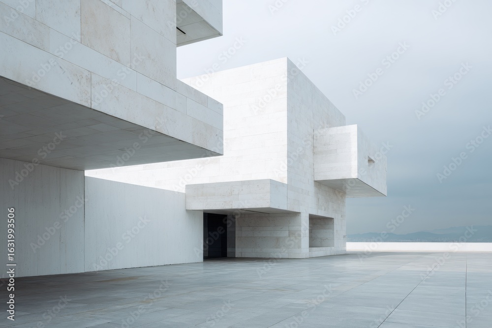 Obraz premium Modern white stone architecture with minimalist design, empty square for urban development, real estate advertisement, corporate branding, business presentation