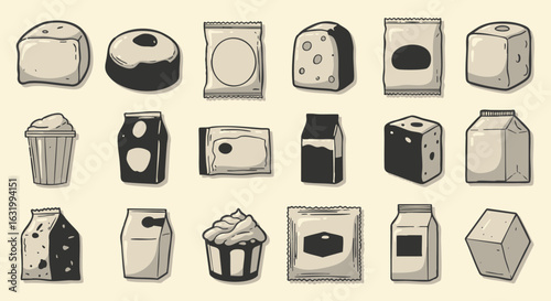 A collection of monochrome food and drink packaging illustrations. Vector icon set with a retro, hand-drawn style.