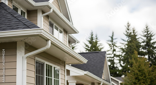 Exterior perspective of suburban residential homes featuring gutter systems and vinyl siding