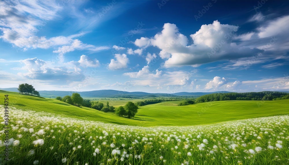 Fototapeta premium a serene landscape of lush green fields dotted with white flowers under a bright blue sky and fluffy clouds