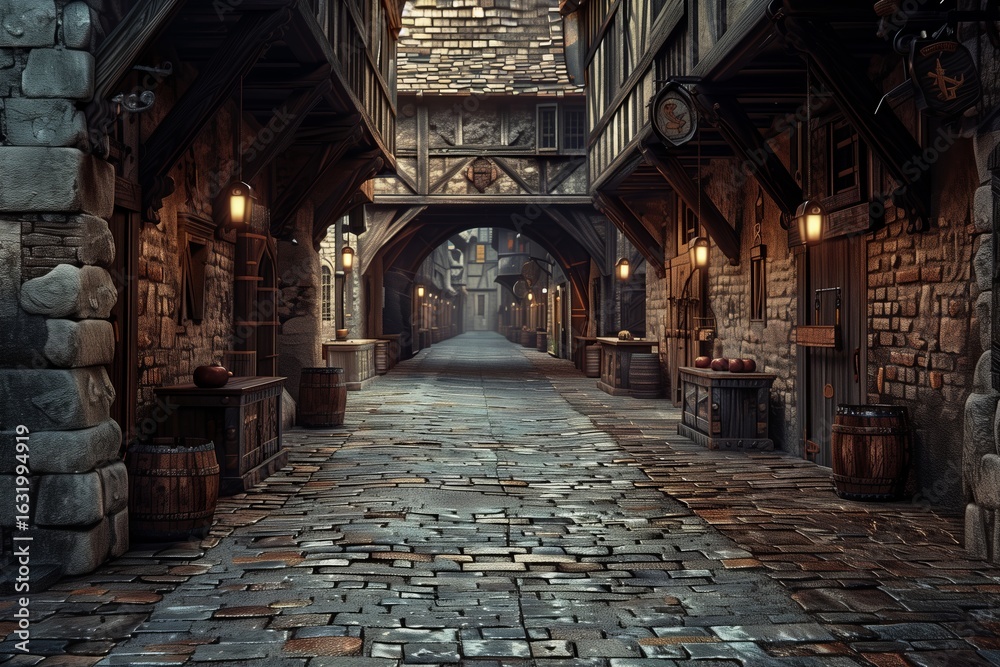 Fototapeta premium A beautifully designed cobblestone street with rustic stone buildings and vintage lamp posts, evoking a timeless charm.