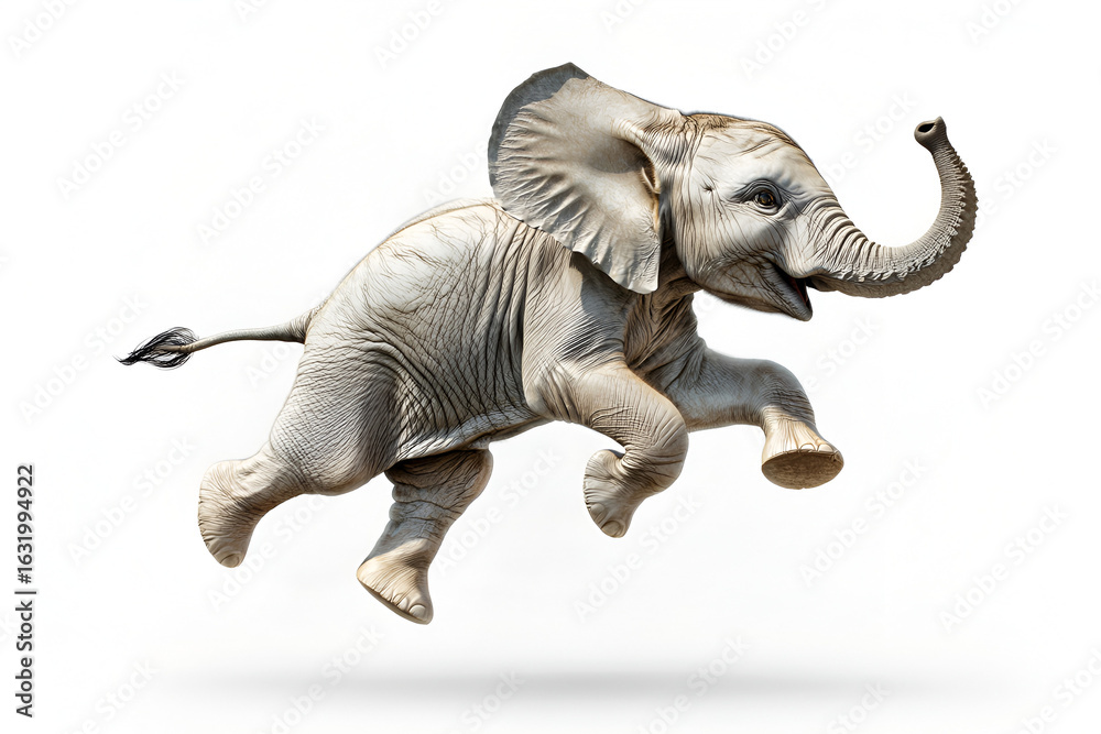Fototapeta premium A joyful young elephant calf leaps energetically with its trunk raised high on a white background.