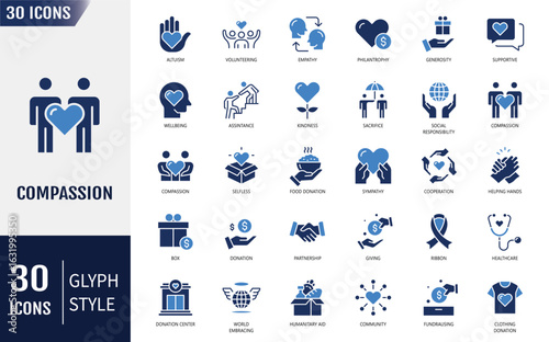 Compassion Flat Icons set. Containing party, concert, outdoor recreation, and more. Vector illustration