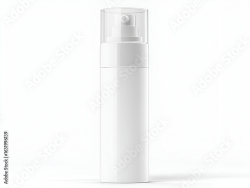 A blank white cosmetic pump bottle with a clear cap, isolated on a white background for product mockup.