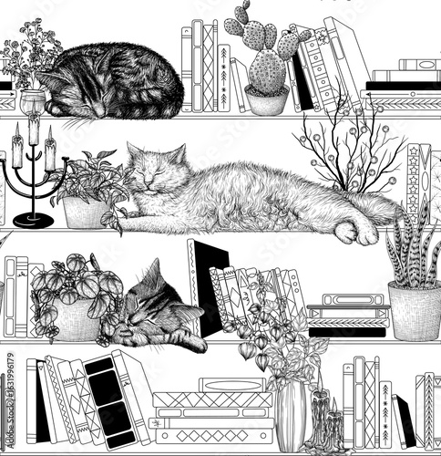 Seamless vector pattern cats on a book cozy autumn bookshelf with dried flowers and houseplants in engraving style	