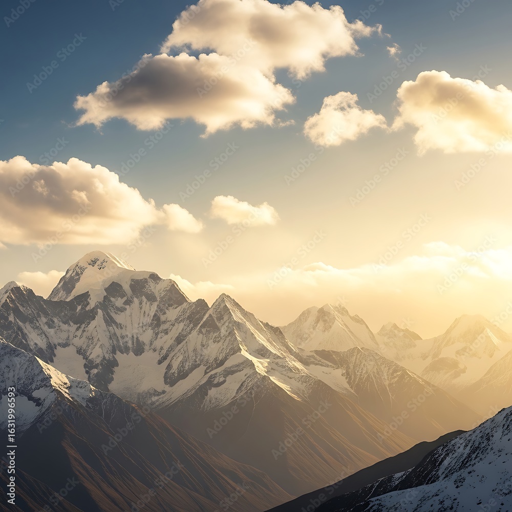 Fototapeta premium Mountain peaks bathed in golden sunlight.