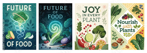 Set of four posters featuring vibrant fruits and vegetables for plant-based diets