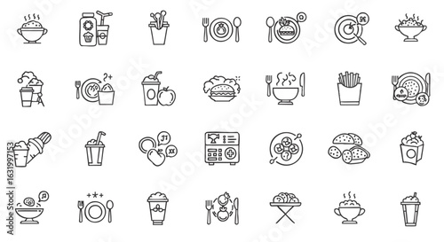 Food and drink line icon set. A collection of minimalist outline symbols for restaurants, cafes, and delivery services.