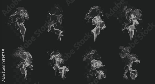 Eight wispy plumes of white smoke rising against a dark, black background.