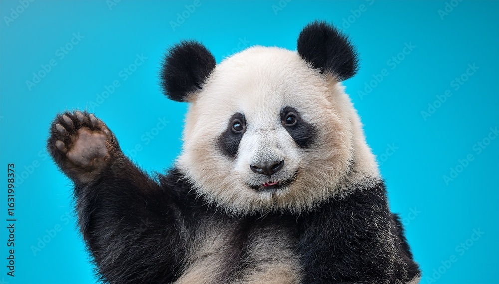 Naklejka premium a playful adorable panda bear waving his paw on a pastel blue background giving a friendly and welcoming vibe