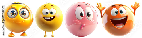 Set of smiling round emoji faces with different expressions on white background 3d render