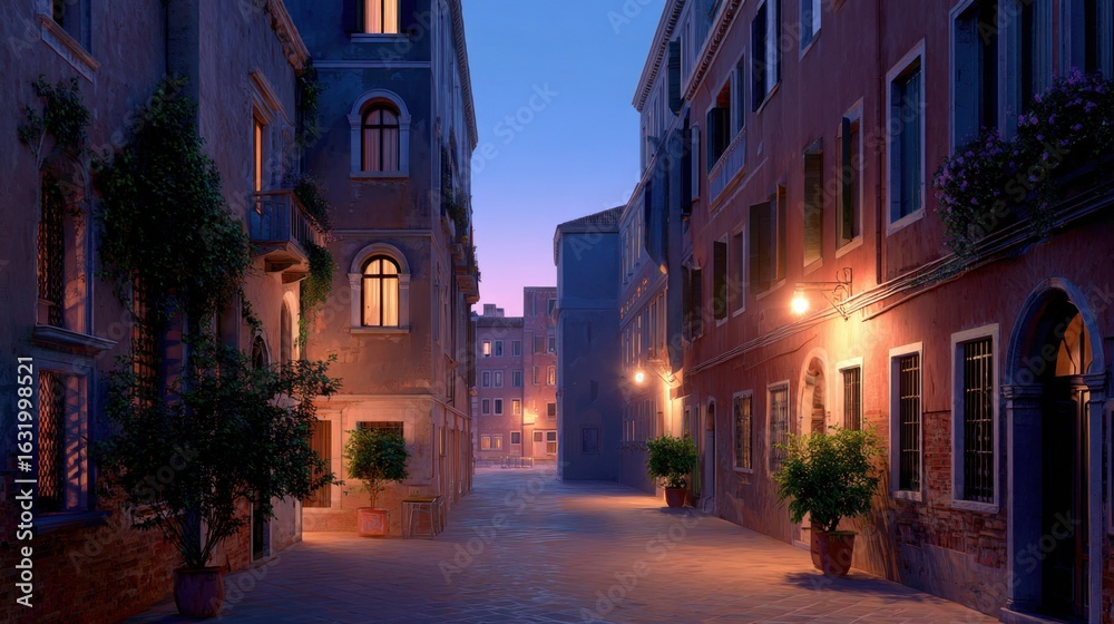 Fototapeta premium Evening view down a lit Venetian alley, soft shadows and warm light