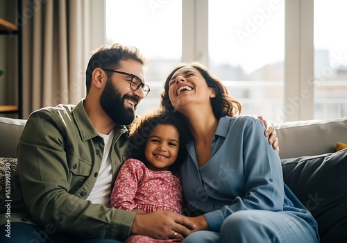 Joyful family laughing together on a cozy sofa in natural light