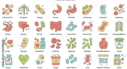 Probiotics and Gut Microbiome Health color line icons. Vector illustration set of digestive system, bacteria, and flora.