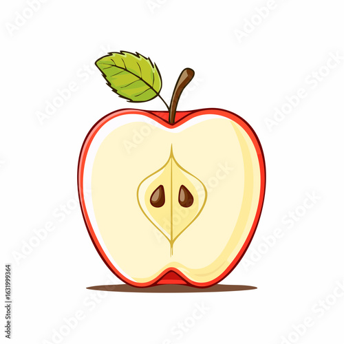 Illustration of a Sliced Red Apple with Green Leaf Displaying its Internal Structure