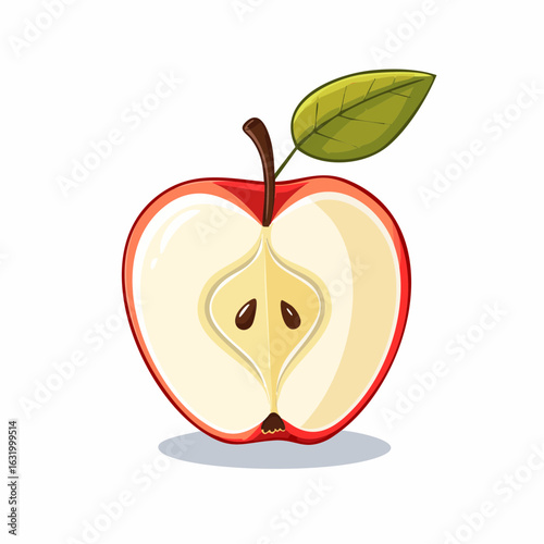 A cartoon-style illustration of a sliced red apple revealing its inner flesh and seeds