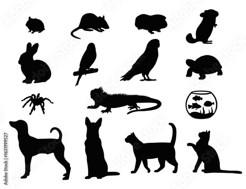 Pet Silhouettes Vector Set, Collection of black pet silhouettes including dogs, cats, birds, reptiles, rodents, rabbit, turtle, fish bowl, and spider. Perfect for veterinary, pet shop