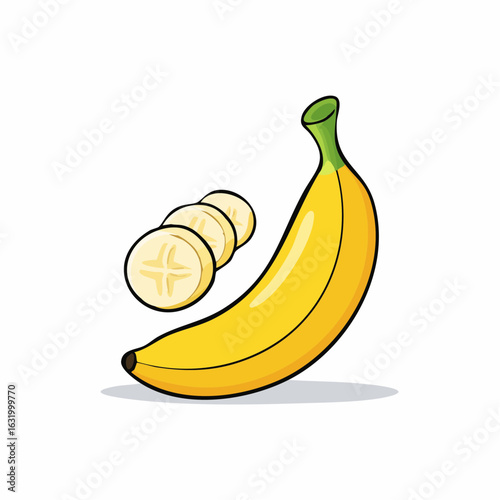 Vibrant cartoon illustration showcasing a ripe banana alongside freshly cut banana slices