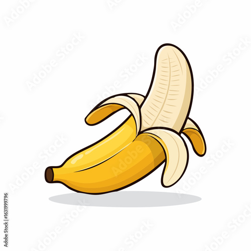 Vibrant Cartoon Banana Illustration with Peeling Skin and Shadow on White Background