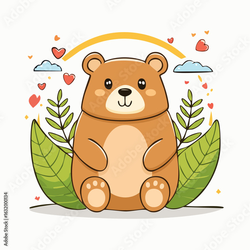 Adorable Cartoon Bear Surrounded by Hearts, Leaves, and a Rainbow, radiating love