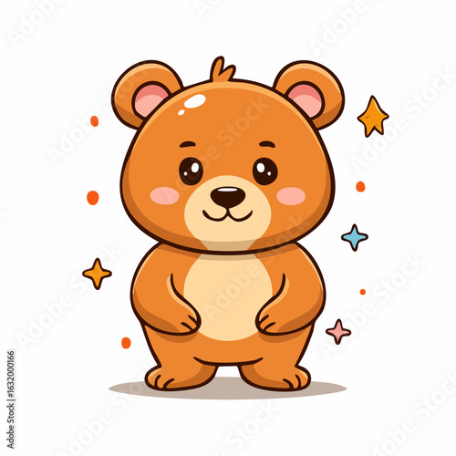 Adorable Brown Bear Cartoon Illustration with Sparkling Stars and Playful Polka Dots