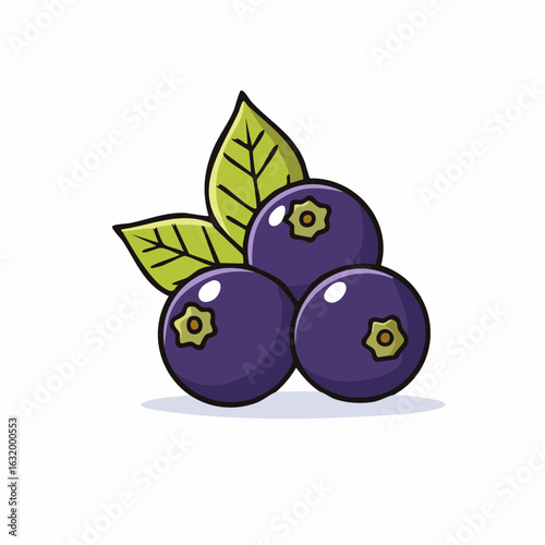 Artistic depiction of three blueberries with lush green leaves on a white background