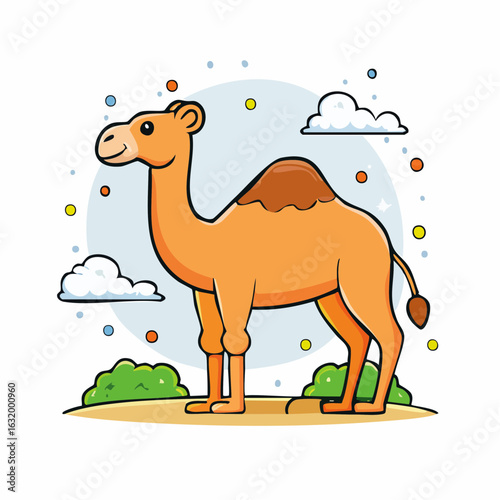 Cartoon Camel Standing on Land Under Blue Sky with Clouds and Colorful Circles Illustration