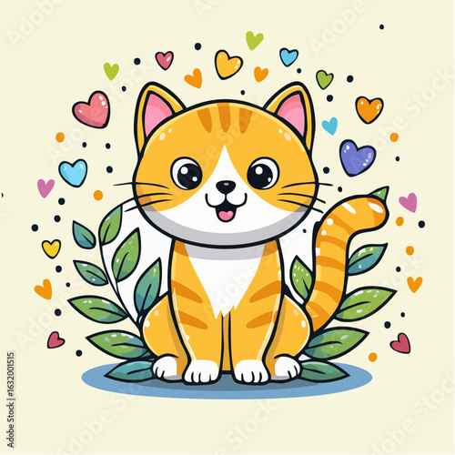 Adorable orange tabby cat surrounded by colorful hearts and playful foliage illustration