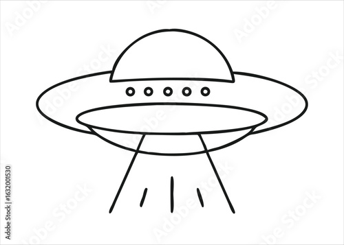 A simple line art illustration of a flying saucer shaped unidentified flying object icon in the sky isolated on white background