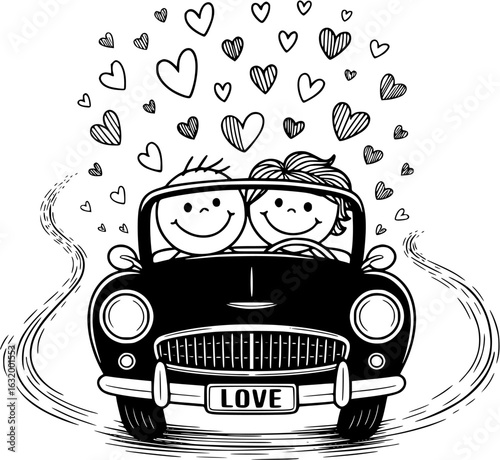 Love's Journey: A charming couple in a classic car, with a trail of hearts symbolizing the beginning of their adventure in the realm of affection and relationships.