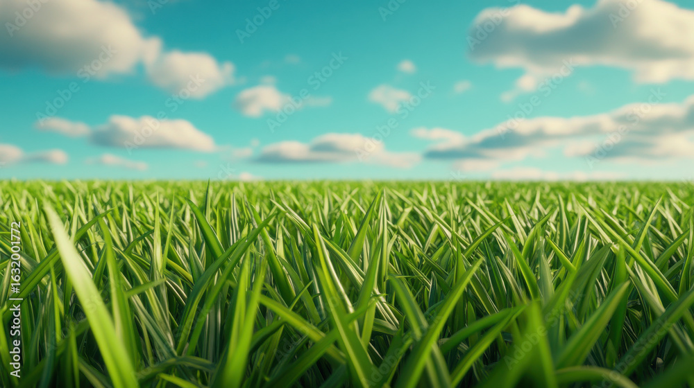 Fototapeta premium Green grass field under blue sky with clouds in bright daylight creating fresh and natural atmosphere
