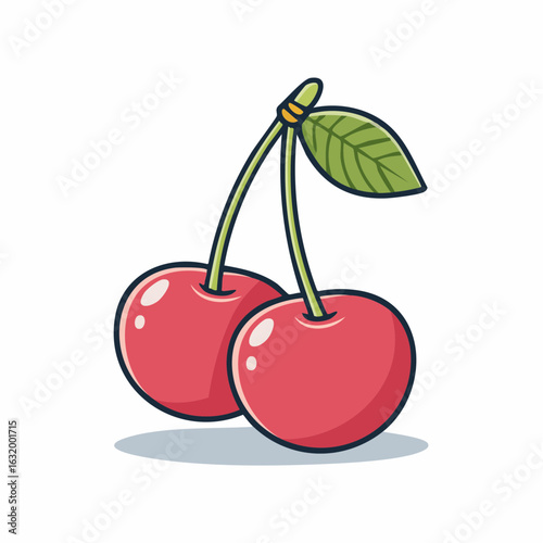 Delightful Duo: Cartoon Cherries with Leaf in Vibrant Red and Green Illustration