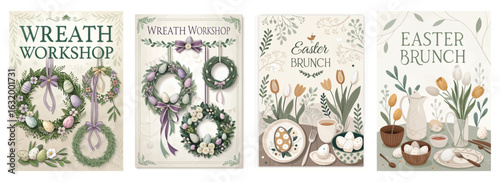 Set of four posters featuring pastel wreath designs for Easter brunch