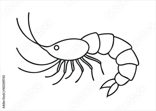 A stark simplified line drawing depicts a solitary black crustacean rendered with clean lines presented isolated on white background