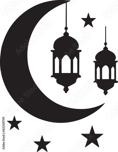 Islamic crescent moon and lanterns with stars isolated on white background