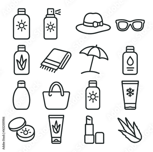 Beach vacation essentials: sunscreen, hat, sunglasses, towel, lip balm, aloe vera