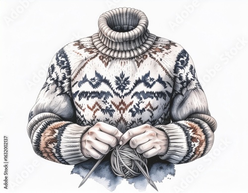 Surreal Illustration of Headless Sweater Knitting Itself – Creative Winter Concept Art