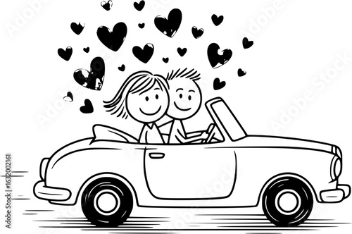 Love's Journey in Motion: A charming stick figure couple embarks on a romantic road trip in a classic car, surrounded by a flurry of hearts, symbolizing their love and adventure.