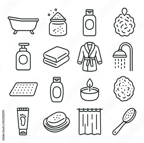 Minimalist bathroom essentials collection: bath, shower, soap, towels, candle icons