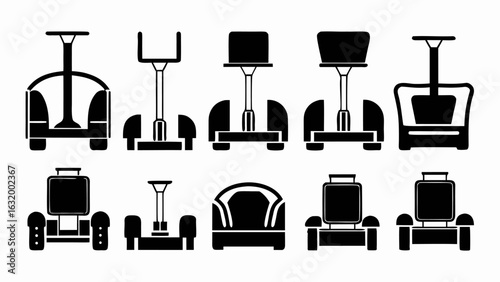 Illustration showing a collection of different self balancing scooters in black and white design style silhouette