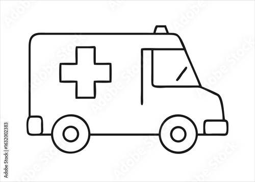 A single continuous line art drawing of an ambulance vehicle in a minimalist style isolated on white background