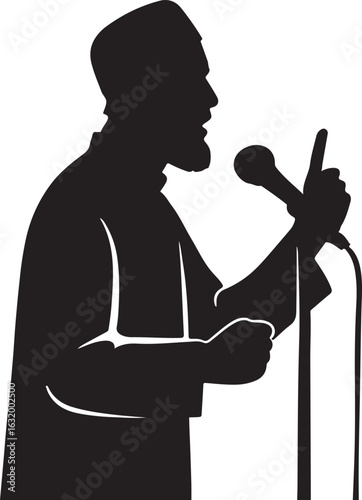 Silhouette of a man speaking into a microphone isolated on white background