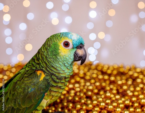 Colorful Green Parrot with Golden Beads and Bokeh Lights – Festive Bird Portrait